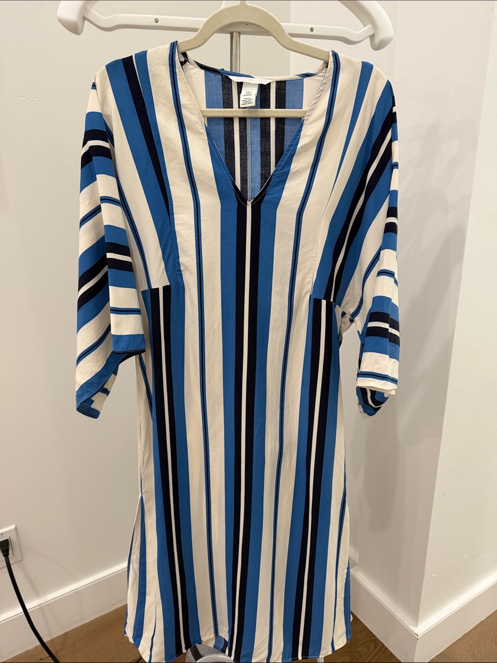 Blue & White Vertical Stripe V-Neck Kaftan Dress